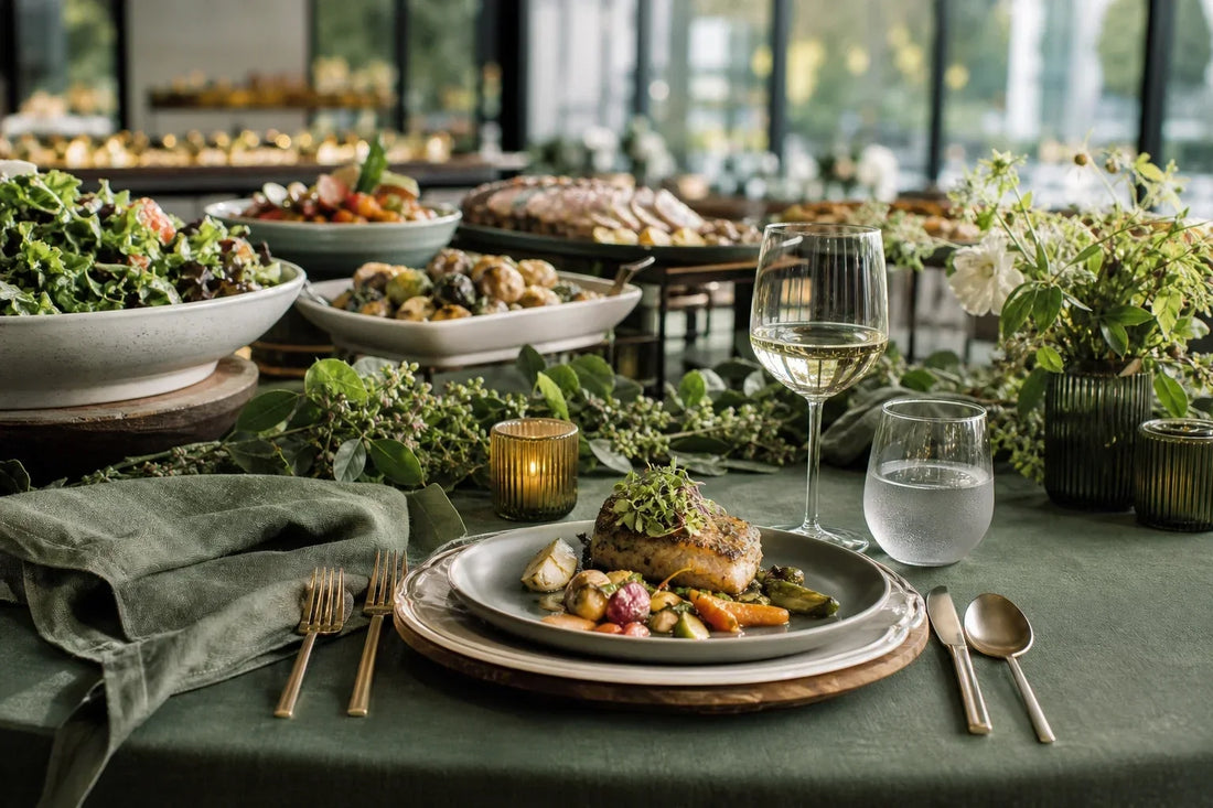 Catered dinner place setting with buffet dishes prepared for a Canadian event