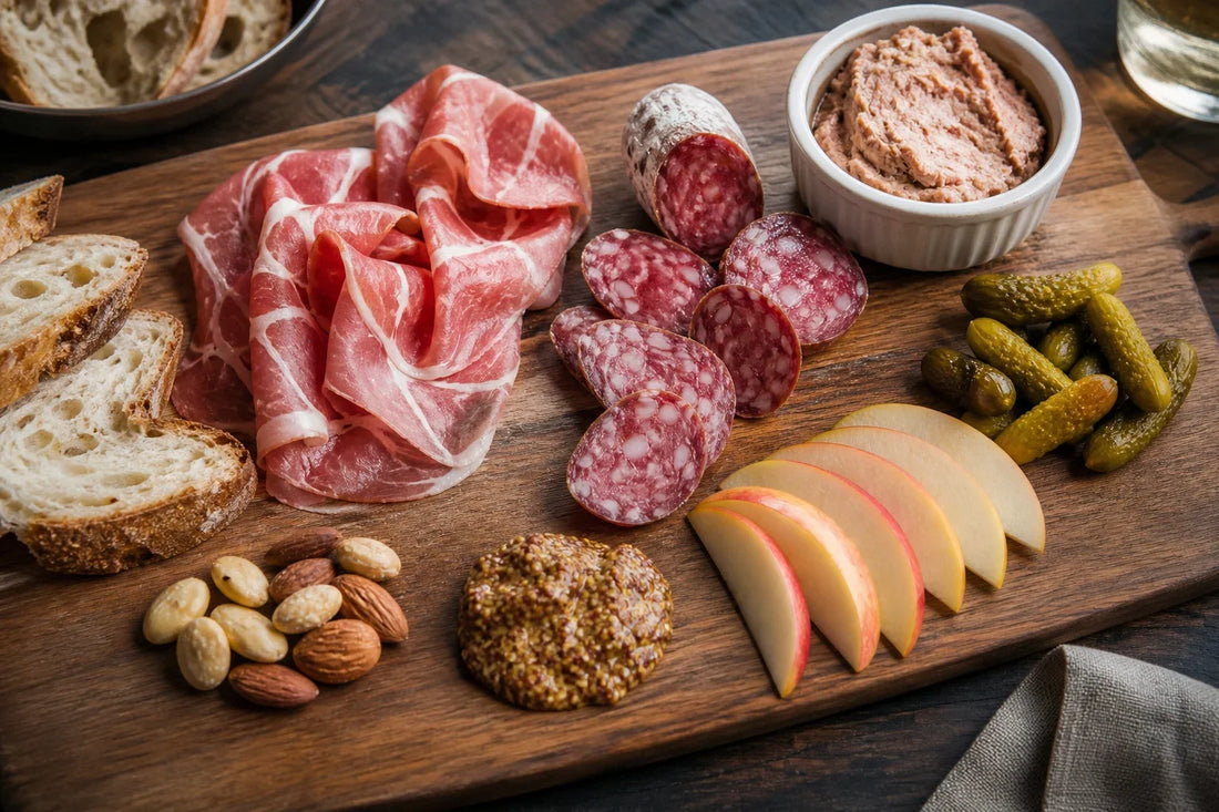 Beginner charcuterie board with sliced cured meats, pickles, mustard, fruit, and bread