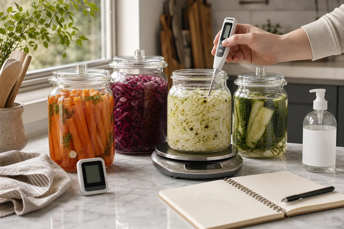 Safe home fermentation workspace with clean jars scale thermometer and vegetables