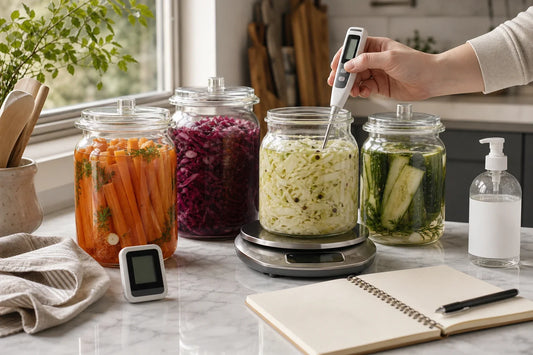 Safe home fermentation workspace with clean jars scale thermometer and vegetables