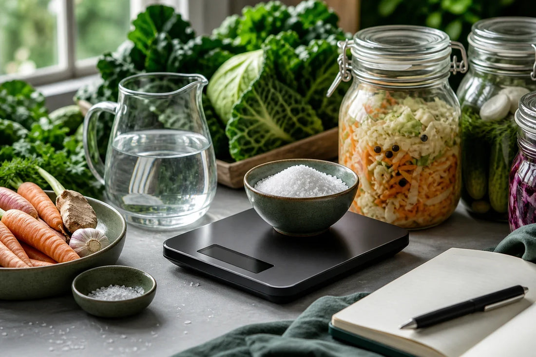Digital scale measuring salt beside vegetables and fermentation jars