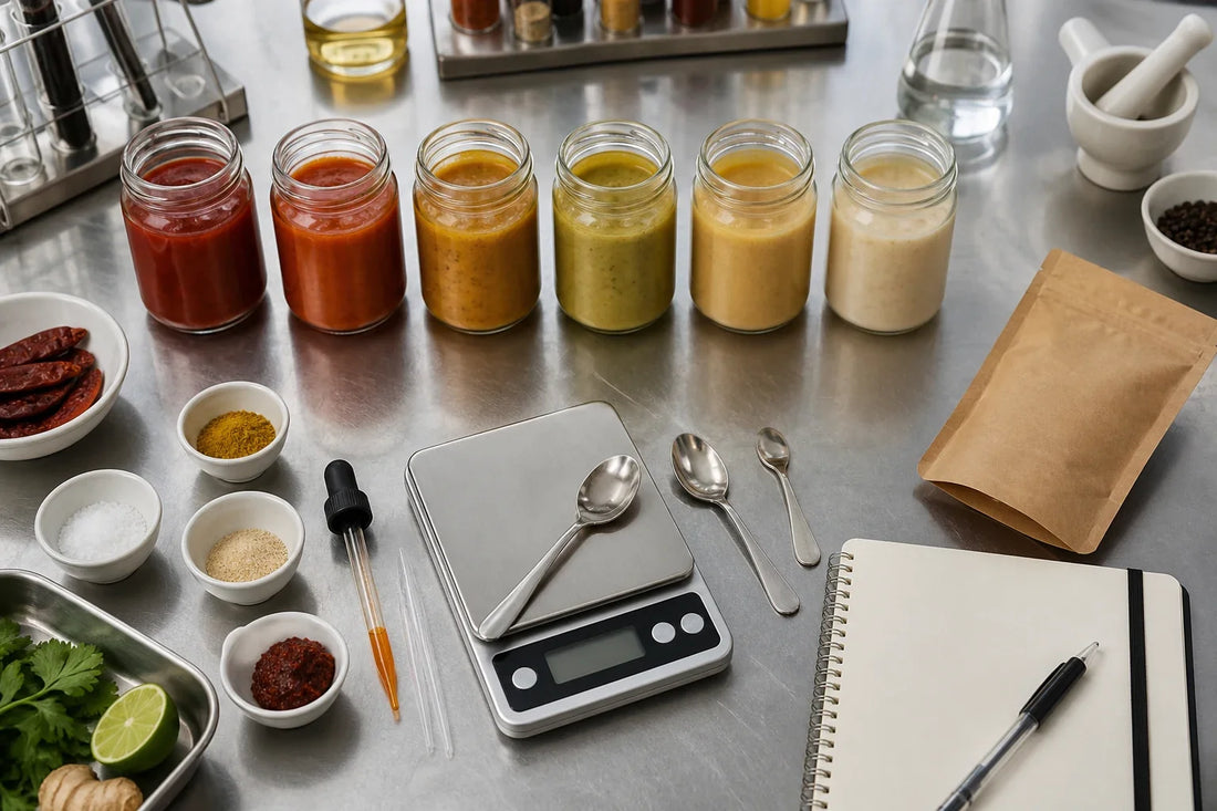 Food product development bench with small sauce prototypes, scales, notes, and plain packaging
