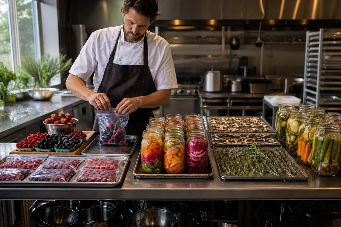 Chef preserving seasonal vegetables through freezing, fermenting, drying, and pickling in a professional kitchen