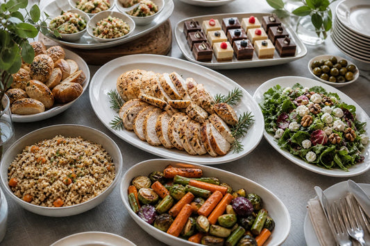 Catered buffet portions arranged for an event guest count