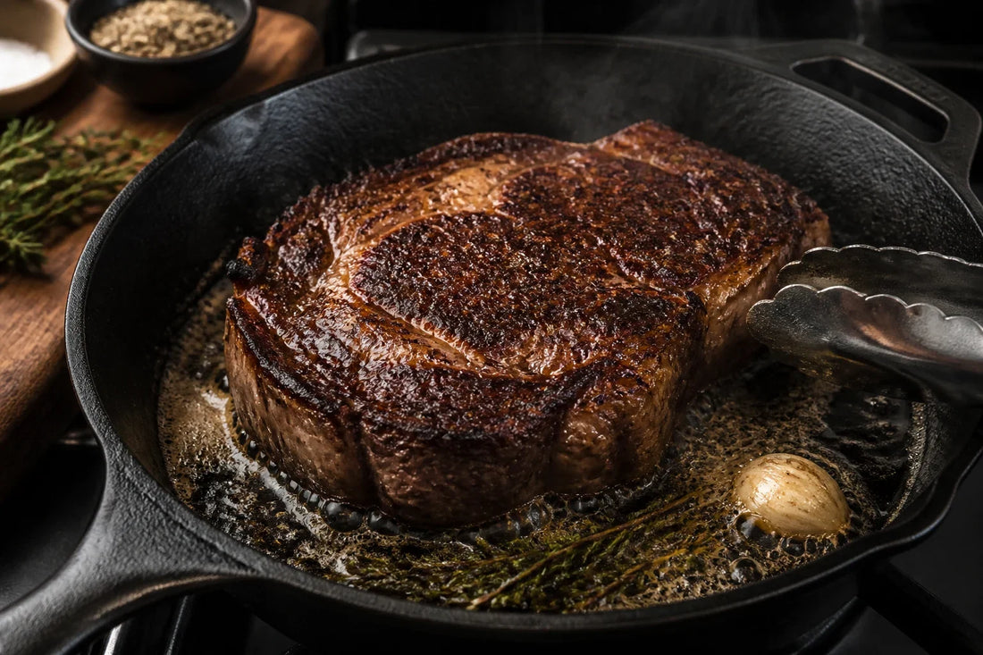 Thick dry-aged ribeye searing in a cast-iron pan with a deep brown crust