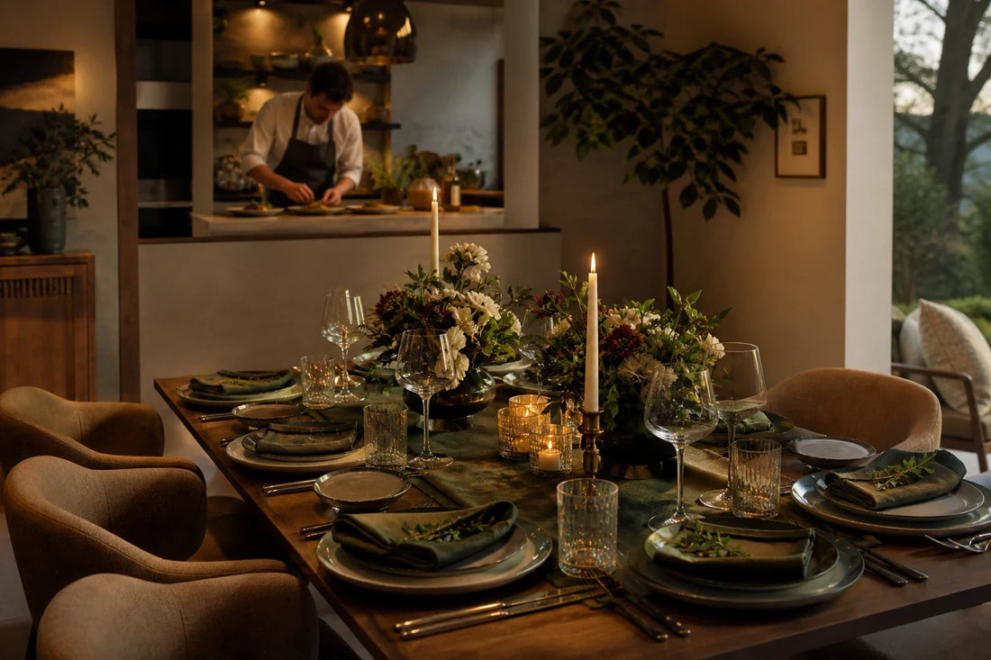 Intimate at-home private dining table with a chef plating in the kitchen