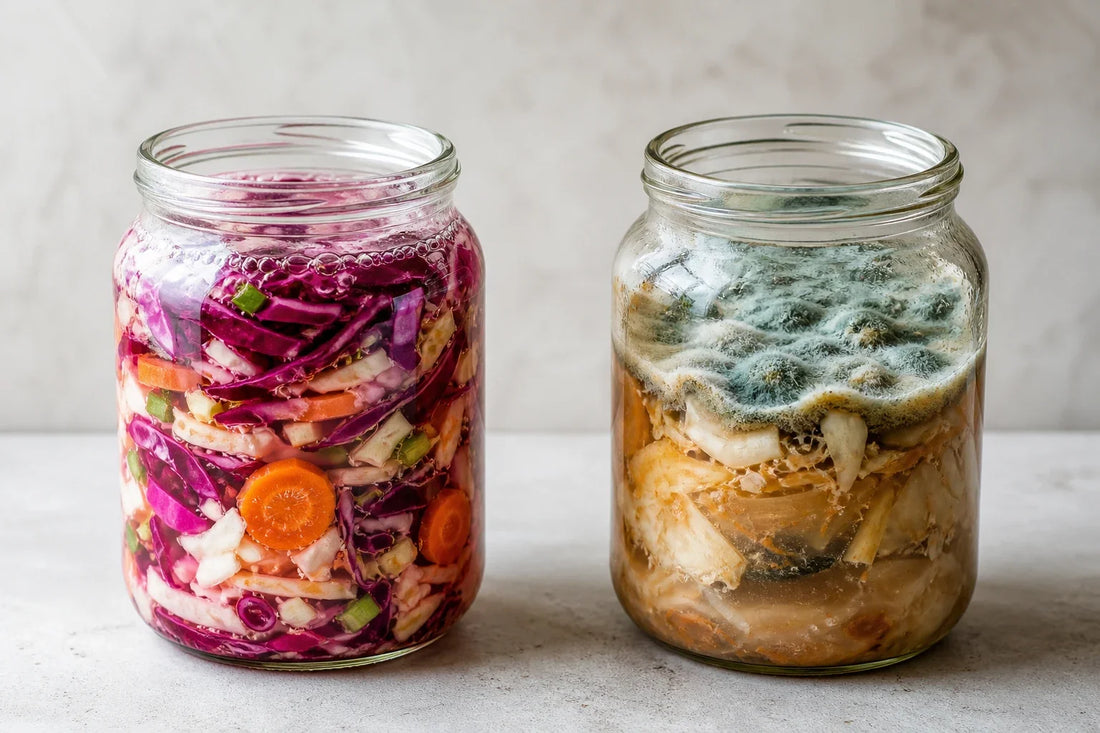 Fermentation jars showing a healthy batch and visible spoilage warning signs
