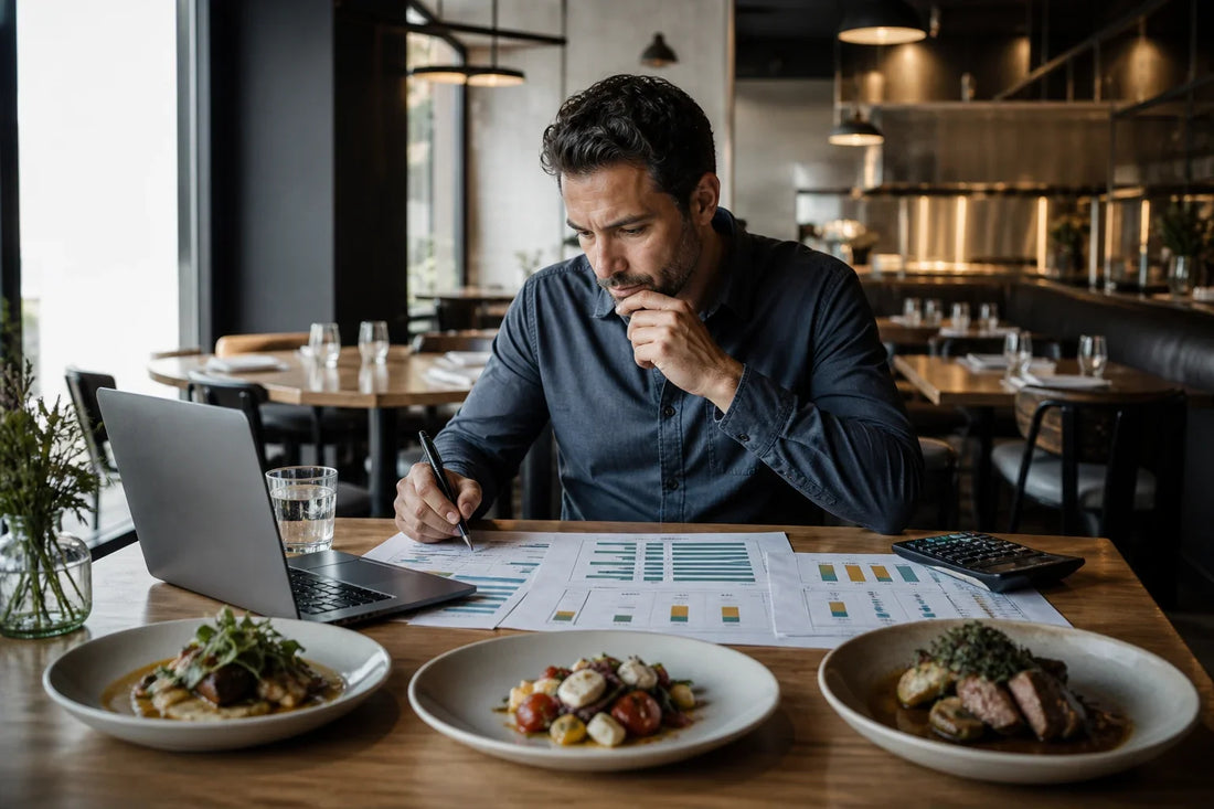 Restaurant operator analysing menu item popularity and contribution margins beside plated dishes
