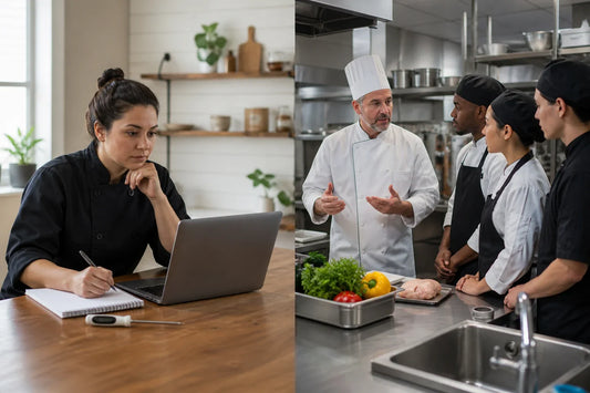 Split training scene with an online food safety learner and an instructor-led kitchen classroom