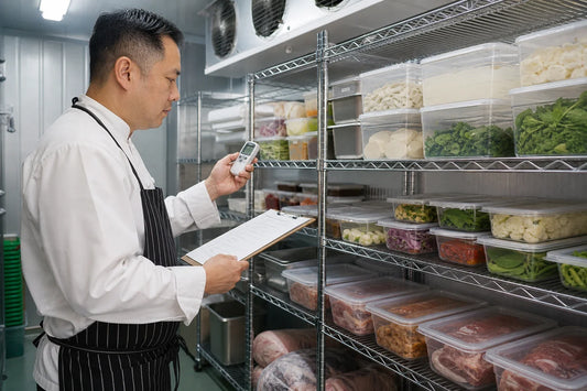 Restaurant manager completing a food safety checklist in a clean commercial kitchen
