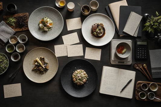 Restaurant menu development table with plated dishes, recipe cards, and costing notes