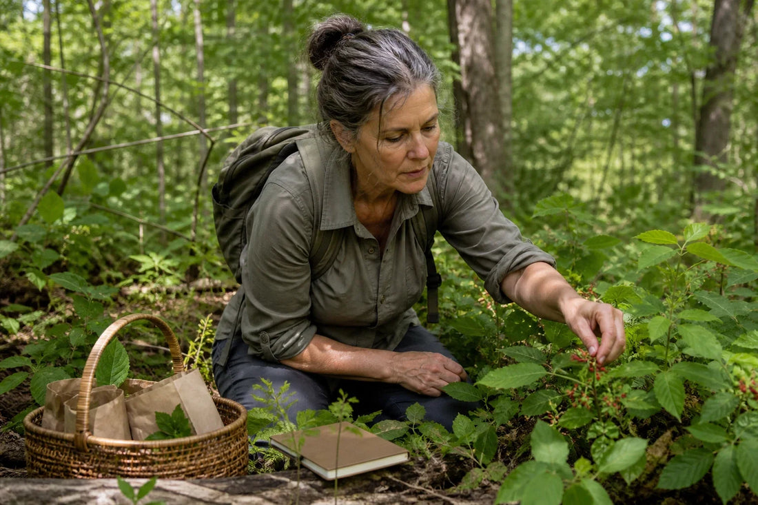 Experienced forager examining edible wild greens and berries in an Ontario woodland