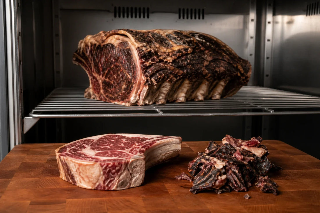 Dry-aged beef loin hanging in a controlled aging room with visible trimmed steaks nearby